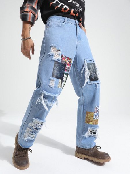 

men floral print ripped jeans d7kt#, Blue