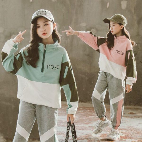 

fashion big girls sports suits semi-high collar letter zipper clothing set teenage spring autumn tracksuit kids sportswear sets, White