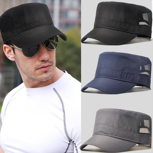 

large size mesh flat caps summer outdoors causal army sun hat men big polyester military cap 55 60cm, Blue;gray