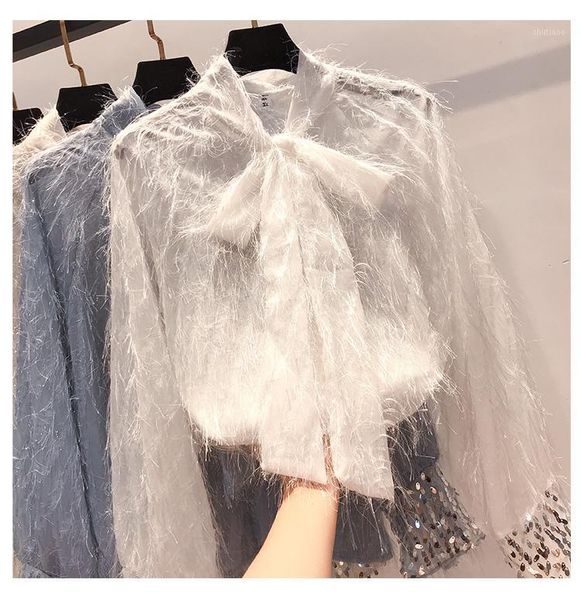 

women's blouses & shirts lolita bow collar ladies office work elegant female sequied cuff tassel emblishment long sleeve slim, White