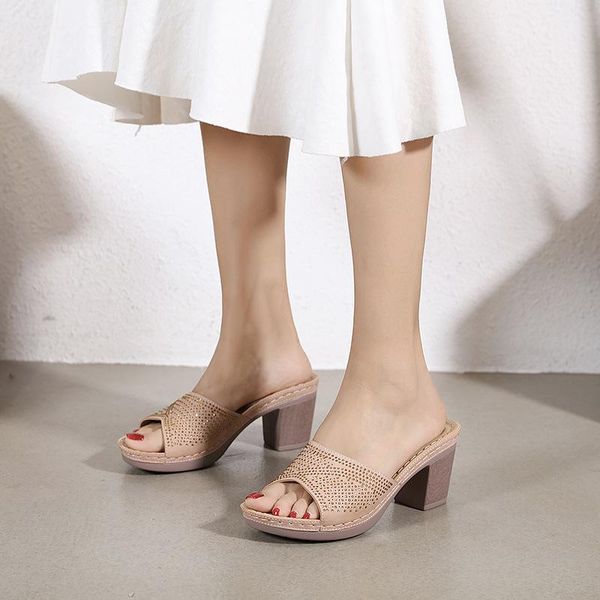 

elegant ladies high heels women summer shoes slippers holiday square heel .5cm brand woman a3275, Black