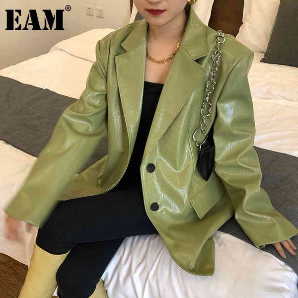 

[eam] green pu leather big size women blazer lapel long sleeve loose fit jacket fashion spring autumn 1dd6461 21512, White;black