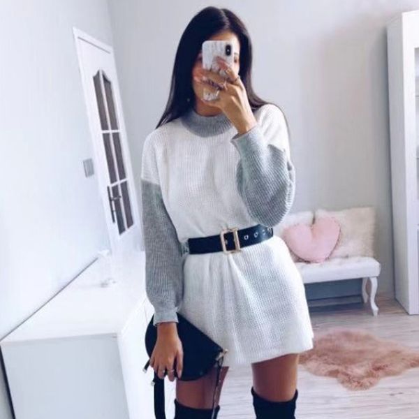 

loose knitted sweater dress women autumn winter long sleeve knitted dress sweater casual elegant gray mini dress femal 210415, Black;gray