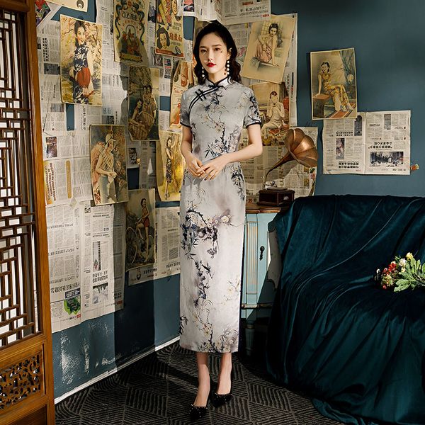 

plus size wedding party dress gown satin female long qipao printed cheongsam elegant mandarin collar vestidos, Red