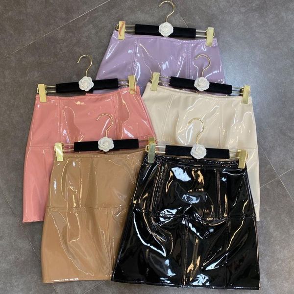 

skirts 2021 stitching line bright pu high waist bag hip skirt trend 1011, Black