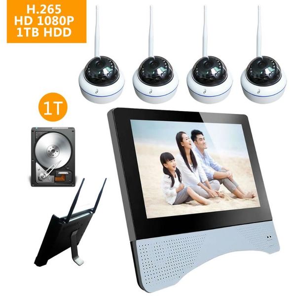 

h.265 nvr surveillance wireless home security camera system with 12" in screen hd monitor 4pcs ip for auto pair cctv systems
