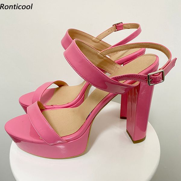 

rontic 2021 handmade women platform shiny sandals chunky heels open toe pretty pink red dress shoes size 35 43 45 47 52, Black