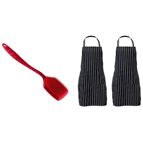 

pack stripe bib apron with pockets black cooking kitchen chef long handle silicone dishwashing brush aprons