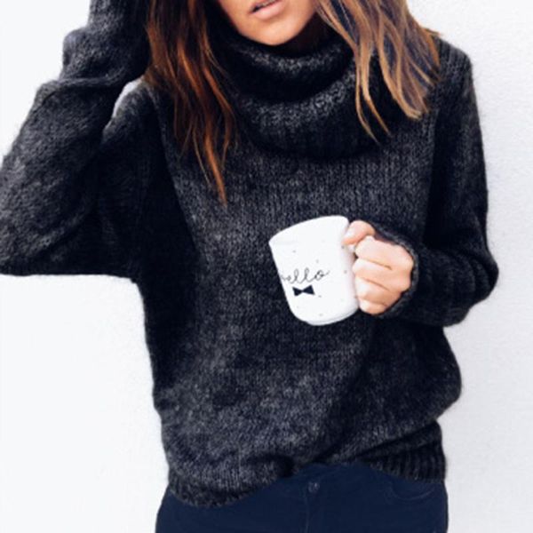 

women's sweaters 2021 autumn sweater pullover casual retro style pure color warm loose straight long sleeve thick turtleneck top, White;black