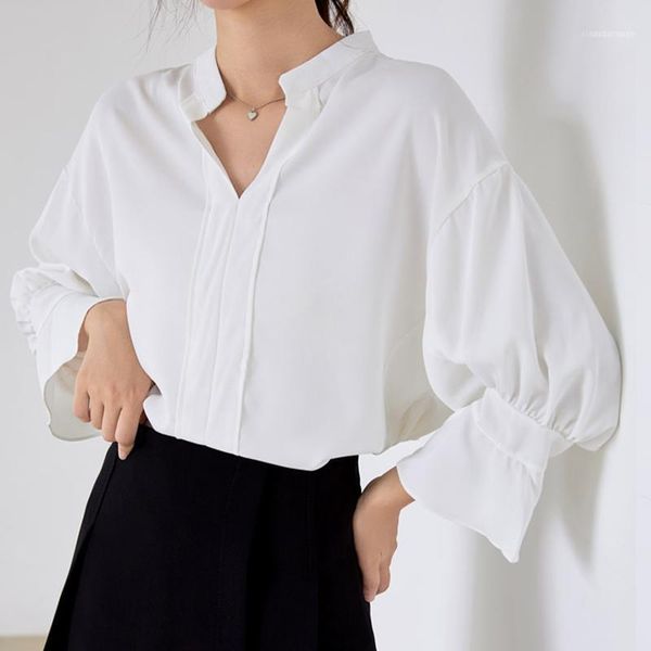 

women's blouses & shirts autumn women lantern sleeve vintage v-neck loose blouse elegance solid white chiffon shirt office lady korean