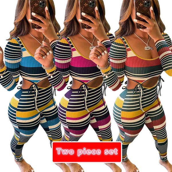 

women's two piece pants women pieces outfits color striped thread long sleeve t shirt trousers tracksuit street fashion sport, White