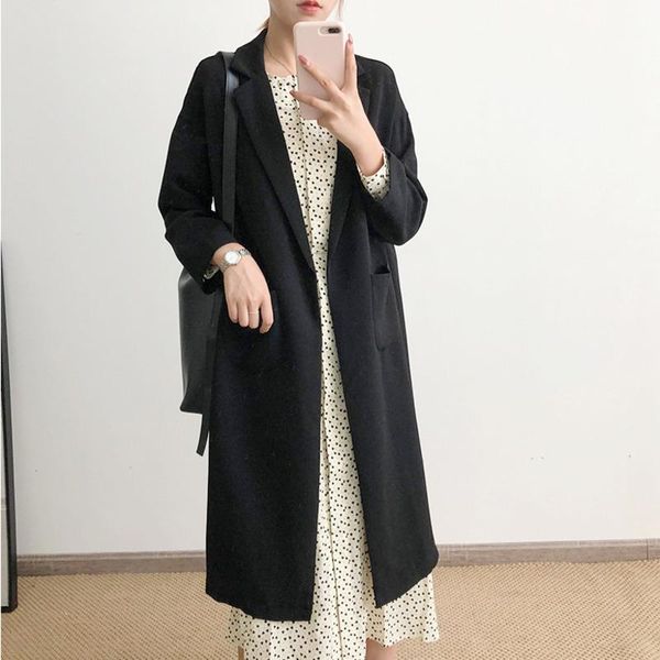 

women's trench coats [ewq] autumn winter 2021 women long-length coat turm-down collar fashion long lapel casual plus size ladies windbr, Tan;black