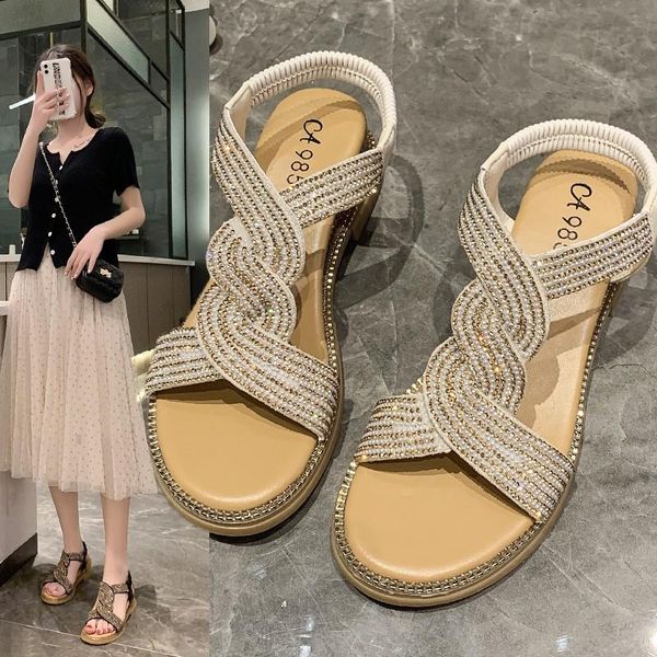 

sandals female fairy style summer 2021 rhinestone wedges student beach shoes roman x822, Black