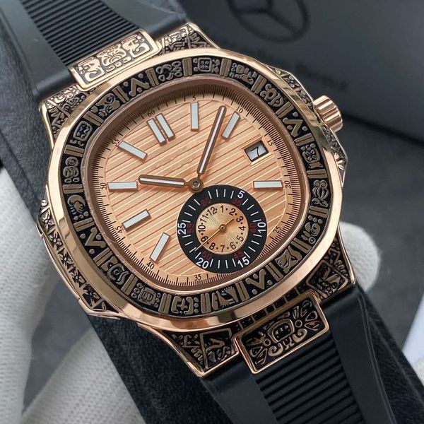 

men's watch 42mm rubber belt pattern plate automatic mechanical waterproof luminous sapphire glass, Slivery;brown