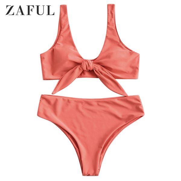 

zaful padded front knot bikini set women straps solid mid waisted swimsuit bathingsuit swimwear swimming suit beachwear 210319, White;black