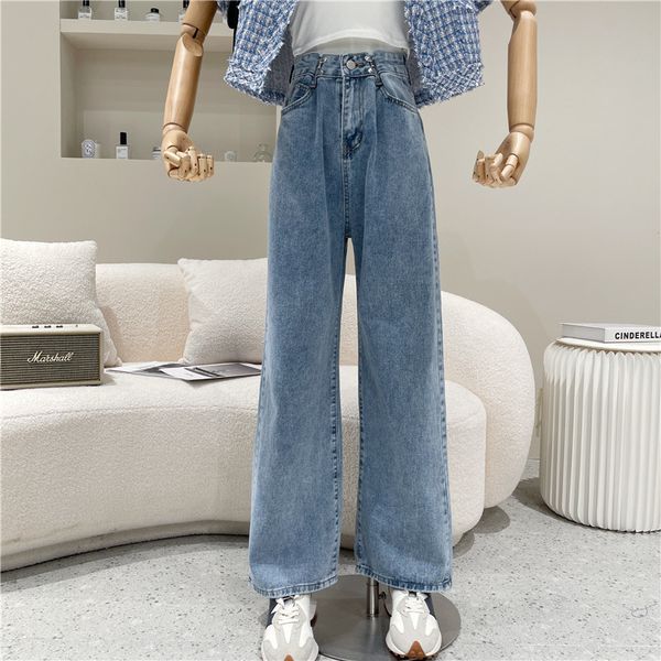 

female design niche spring 2021 fashion high waist only button blue light pants wide leg jeans