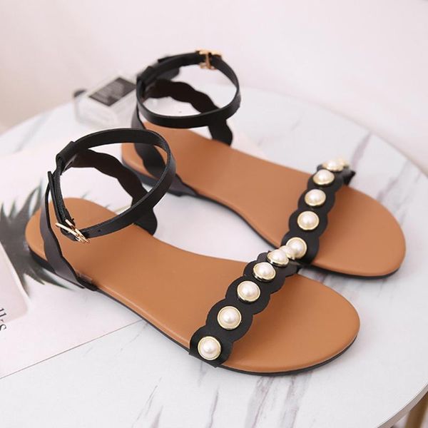 

woman sandals summer flat sandal women fashion pearl open toe buckle casual rome plus size 35-41 zapatos de mujer 3.9, Black