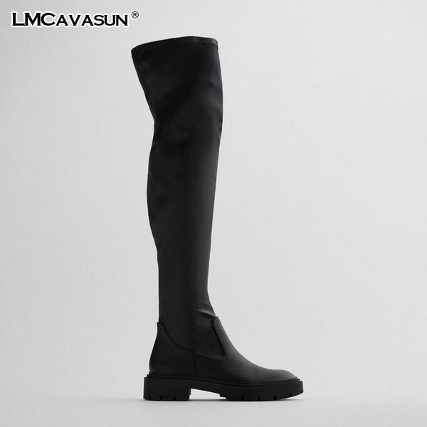 

boots lmcavasun winter women stretch chunky heel platform slip on over knee, Black