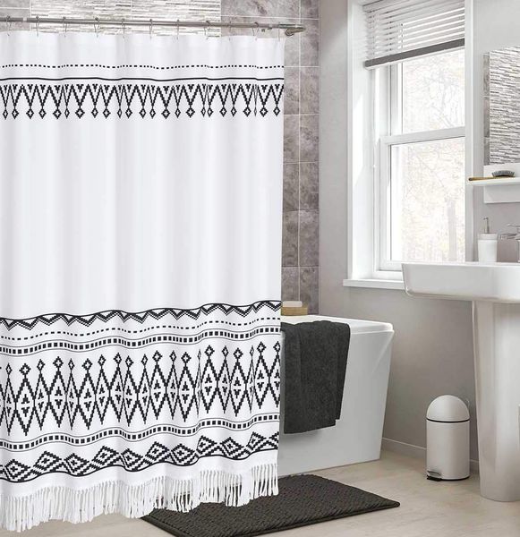 

tassel shower curtain, black and white boho tribal striped bathroom curtain set with hooks,72 x 78 in