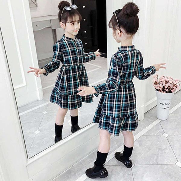 Kinder Kleid 2019 Frühling Herbst Plaid Mädchen Muster Tasche Langarm Kleid Für 3-10Y Teenager Kleidung Kinder Kleid Q0716