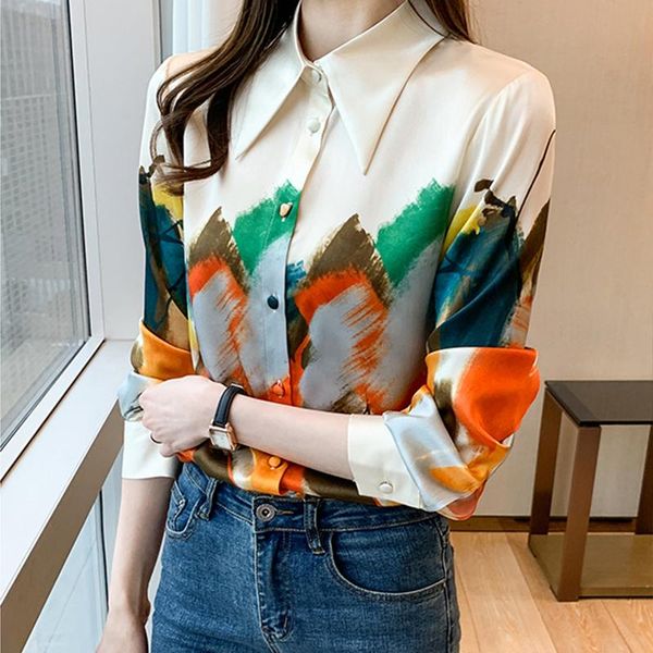 

women's blouses & shirts fashion chiffon oil printing 2021 spring summer blouse long sleeve blusas mujer, White