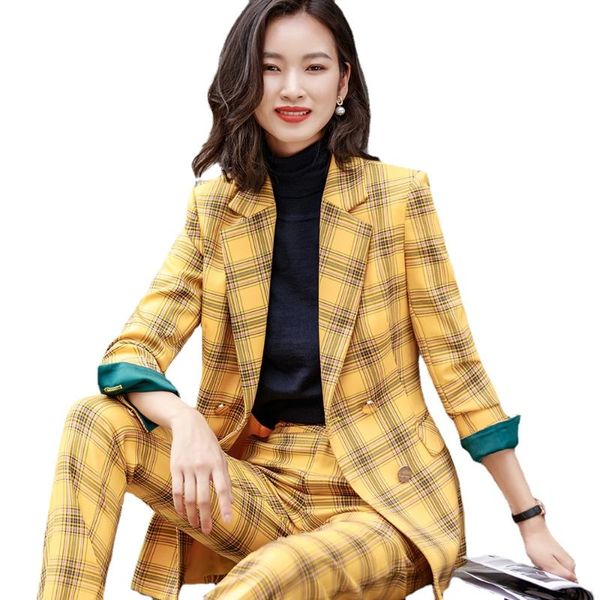 

women's two piece pants fashion women pant suit green red yellow plaid girl 2 set ladies double breasted blazer jacket and, White