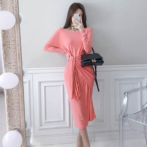

casual dresses korean style sweater dress women pink high waist knit slim mid-calf long sleeve o-neck 2021 autumn, Black;gray