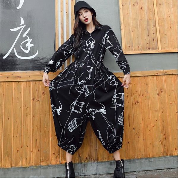 

women's jumpsuits & rompers [ewq]japan style printed long sleeve stripe plus size 2021 spring lapel casual black tooling wide leg pants, Black;white