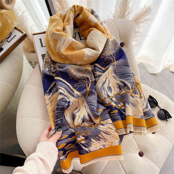 

70% off design scarf 2021 new style cashmere scarves, women's oil paintings, wind and gold, thickening, fawn, tiktok, autumn and winter, Blue;gray