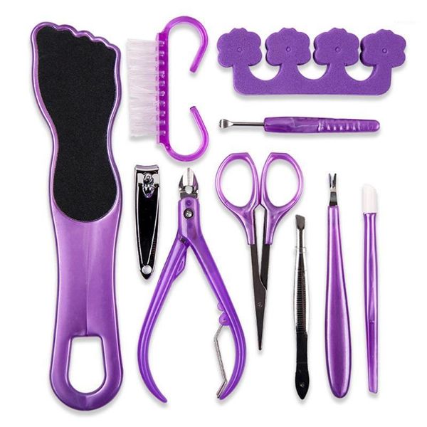 

10pcs manicure tools set foot nail file clipper toe splitter horn brush dead skin pliers eyebrow tweezer scissors kit1