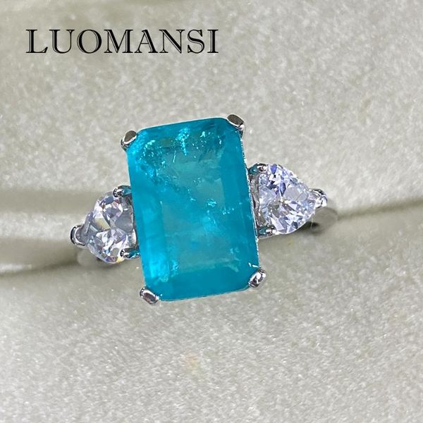 

luomansi 100% 925 sterling silver paraiba tourmaline gemstone rings for women sparkling high carbon diamond wedding fine jewelry cluster, Golden;silver