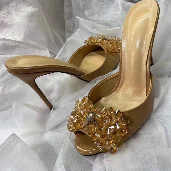 

slippers rhinestone decorative bow ladies high heels black gold round toe summer party
