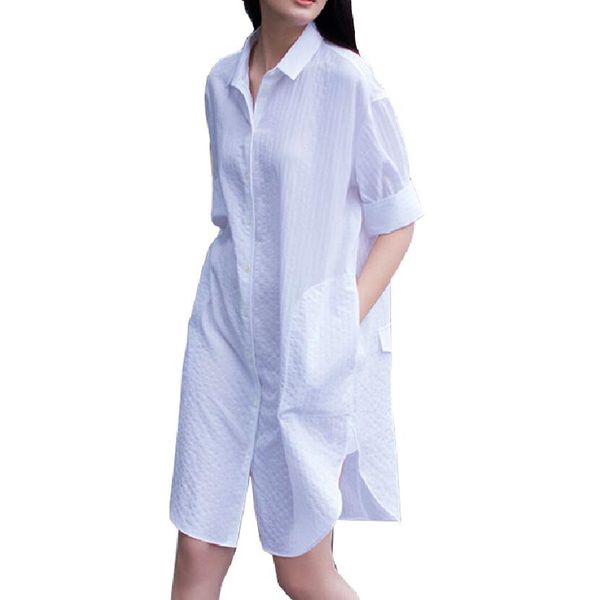 

design s-4xl oversize blouse female casual boyfriend style short sleeve pockets dobby big size long women loose long shirt, White