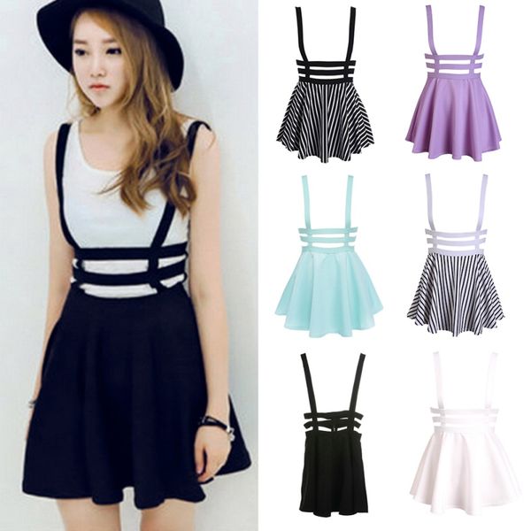 

women mini skater skirt cute suspender clothes straps high waist skirt summer solid mini short skirts  4xl 6xl, Black