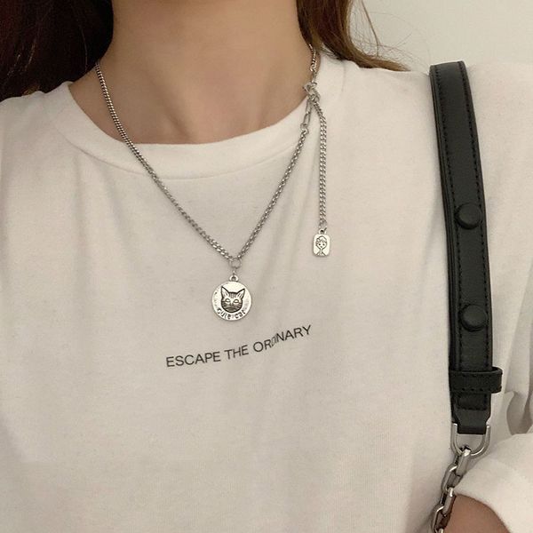 

round brand cat head necklace fashion simple cool temperament sweater chain fashion personality girl heart pendant necklace, Black