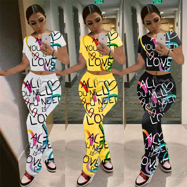 

pant stacked up together for women love letter sleeve short harvest pants define summer 2 pcs women's clothes, White