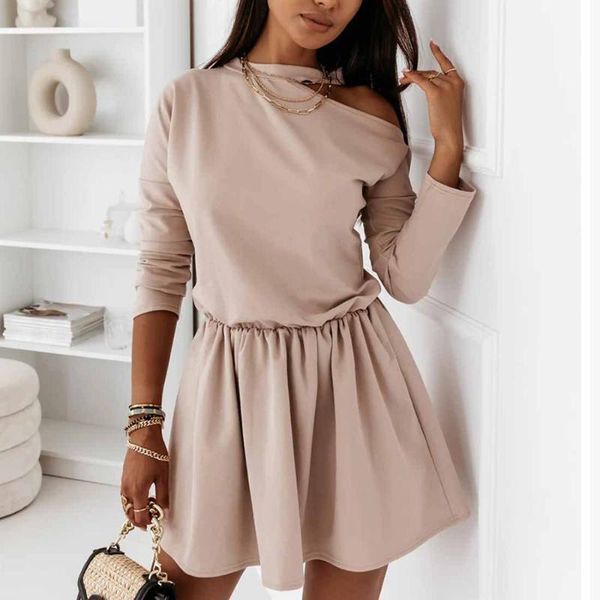 

casual dresses elegant women o-neck hollow out off shoulder mini dress spring autumn solid long sleeve slim office ladies, Black;gray