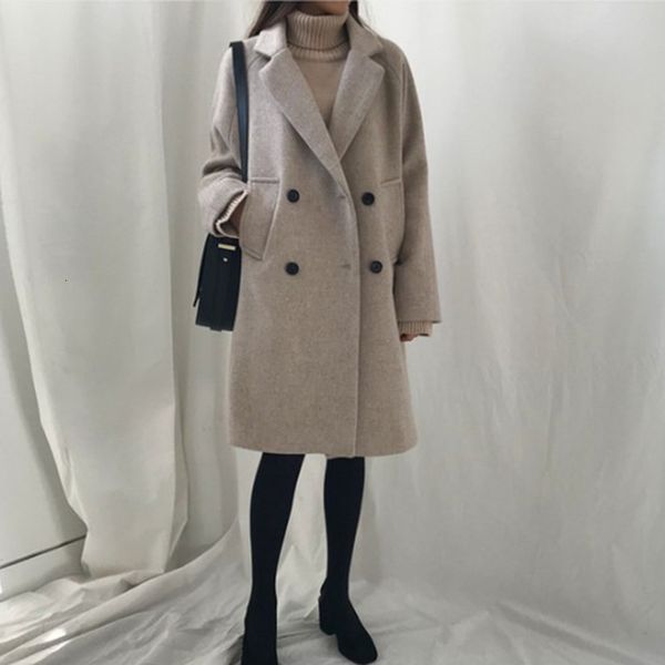 

women's suits & blazers autumn notched double breasted coats long sleeve pocket thick female midi coat winter solid casual loose l, White;black