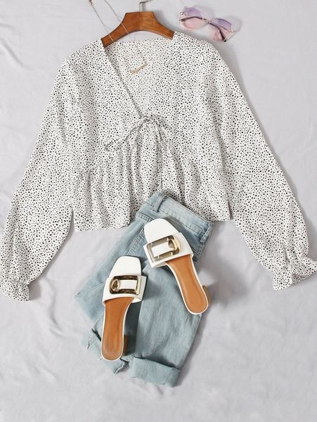 

speckled print peasant sleeve o994#, White