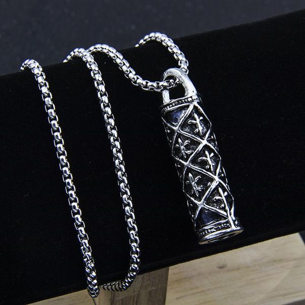 

pendant necklaces retro crusader flower cylinder stainless steel personality jewelry aggressive men's titanium necklace, Silver