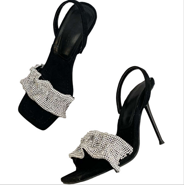 

sandals spring and summer crystal high heels women's diamond with square head european american stiletto shoes, Black