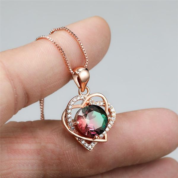

red green crystal rainbow zircon heart pendant necklaces for women wedding jewelry vintage fashion rose gold engagement necklace, Silver