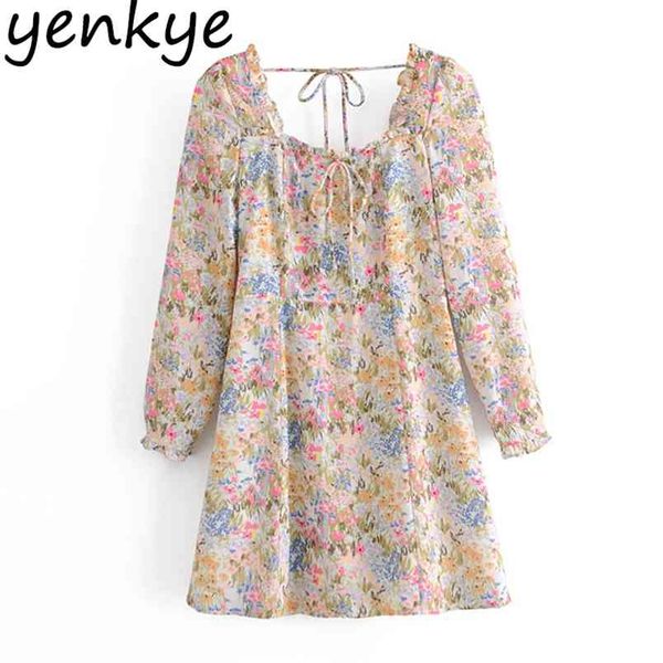 

holiday summer women vintage floral print backless square neck long sleeve a-line chiffon dress short vestido 210514, Black;gray