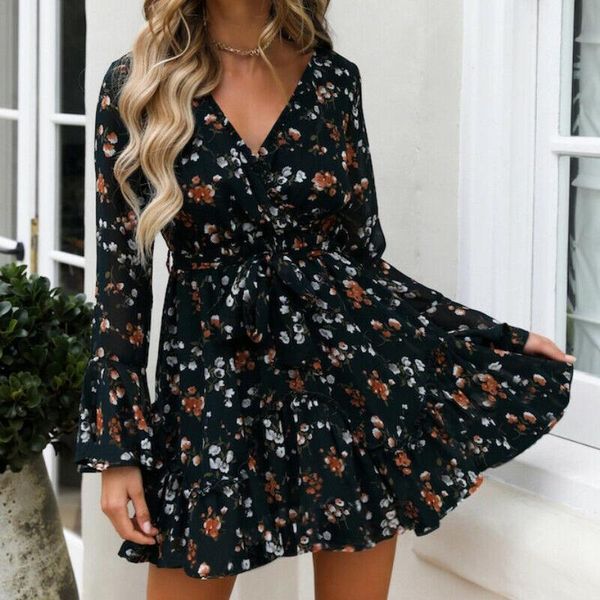

casual dresses women autumn long sleeve mini dress 2021 ladies v-neck short summer floral, Black;gray