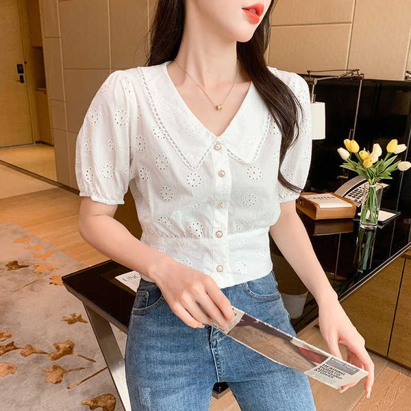 Sommer Koreanische Mode Chiffon Frauen Shirts Spitze Büro Dame Button Up Hemd Plus Größe Weiß Kurzarm Damen Tops 210531