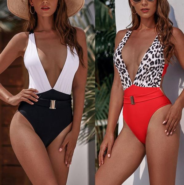 

one-piece suits patchwork one piece swimsuit women deep v swimwear backless leopard swimming suit female beach wear bikini