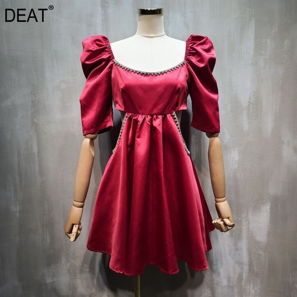 

women red wine rhinestone hollow out dress o-neck lantern sleeve loose fit fashion spring summer gx329 210421, Black;gray