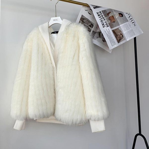 

women's fur & faux 2021 white imitation jacket female winter one net red fashion young knit stitching, Black
