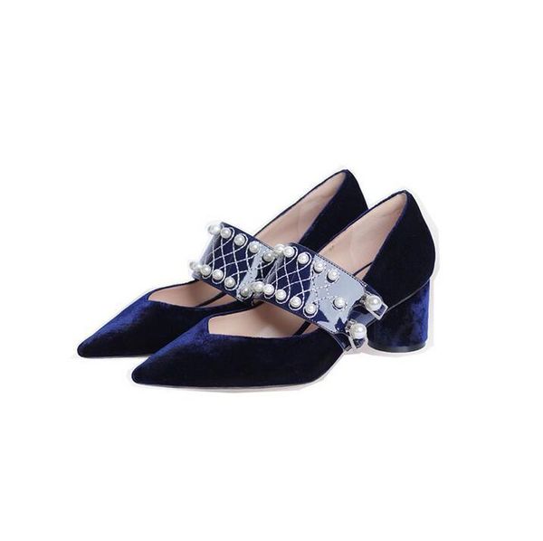 

women shallow pumps office pointed toe white pearl decor square heel shoes blue velvet strap buckle ladies dress, Black