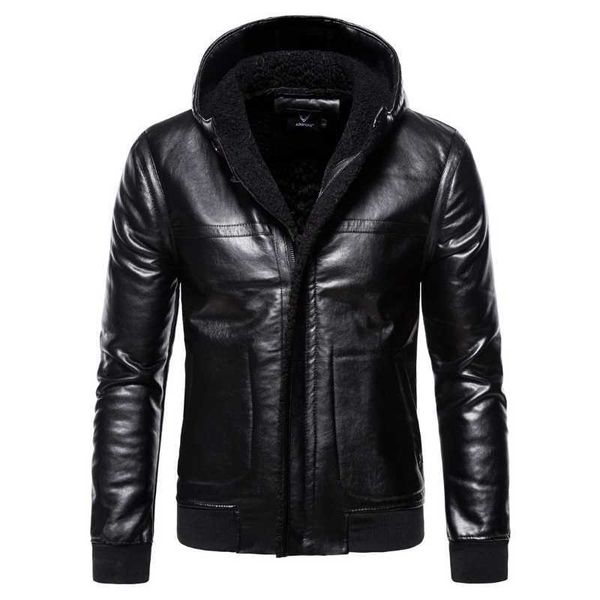 

5xl hooded zone thick leather jacket autumn and winter slim pu imitation leather solid color jacket men's leather jacket 211009, Black